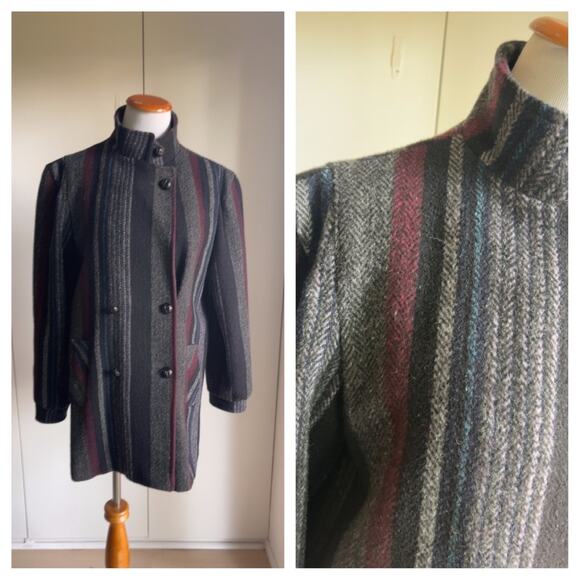 Vintage 80s Wool Car Coat Grey Size Medium Short Fit Mock Neckline - Picture 2 of 7